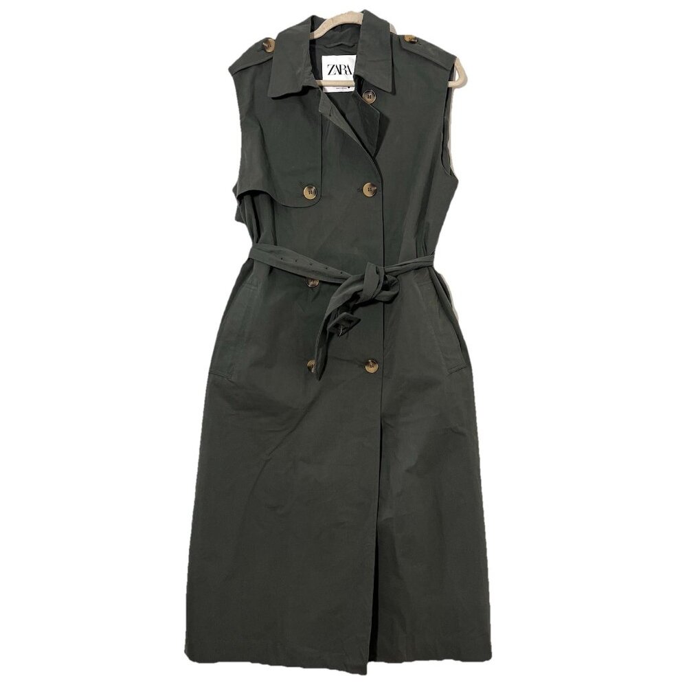 Zara Trench Coat Vest Dress Womens M Green‎ Long Belted Double Breasted Office